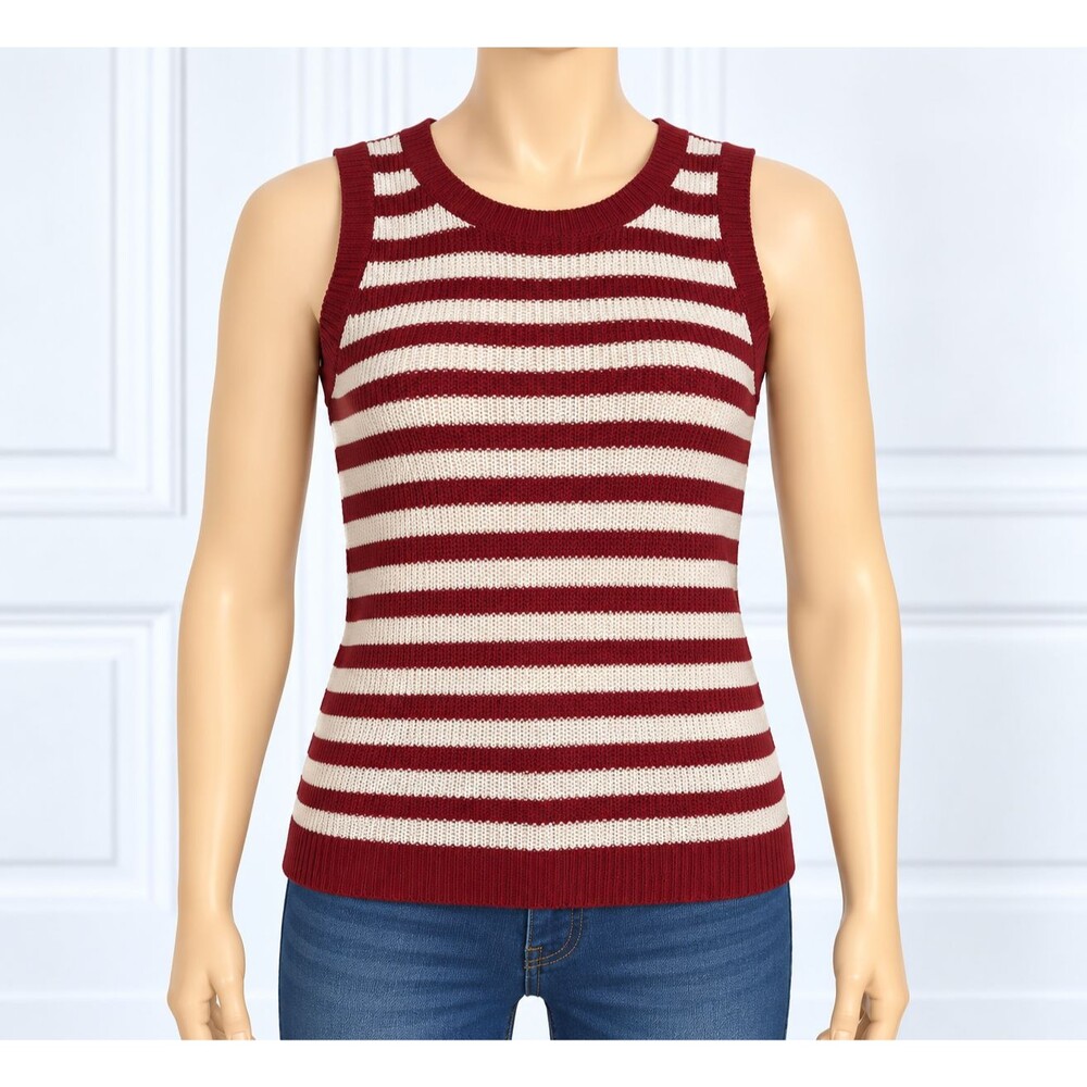 Nine West Womens Sweater Vest XS Red Cream Striped Sleeveless Knit Top NWT